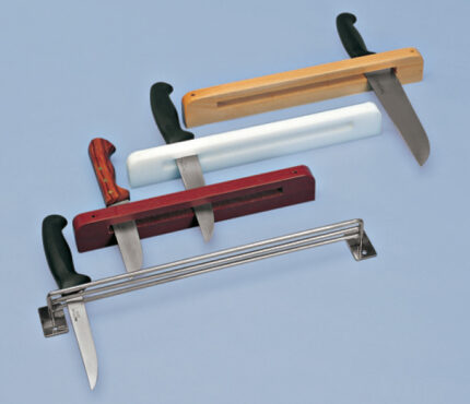Portacuchillos profesional en madera, polietileno blanco o rojo, y varilla de acero inoxidable
